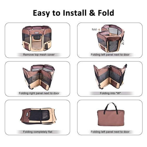 Jespet Soft Dog Playpen, Portable Pet Exercise Pen Kennel with Carry Bag | 2-Door, Easy to Fold, Ground Stakes, Zipper Locks, Large Storage Pocket, Washable Top Mesh Cover & Bottom Cover - color: Brown, style: 36x36x24 Inch (Pack of 1)