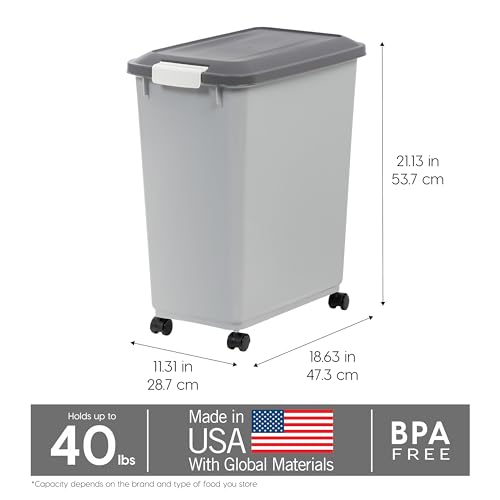 IRIS USA Dog Food Storage Container, Up to 40 lbs, Gray/Dark Gray | Made in USA, Comes with Wheels & 2-Cup Scoop, Airtight Seal, BPA-Free, Bird Seed, Cat food, Cat Litter, Treats, Pellets - color: Gray/Dark Gray, size: 40 lbs