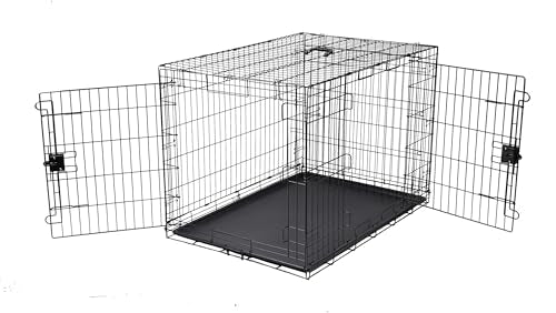 Amazon Basics Portable, Collapsible Metal Wire Dog Crate with Removable Tray, Double Door, Easy to Assemble, Divider Panel for Large Dogs, 42" x 28" x 30", Black - size: 42.0"L x 28.0"W x 30.0"H, style: Double Door w/ Divider