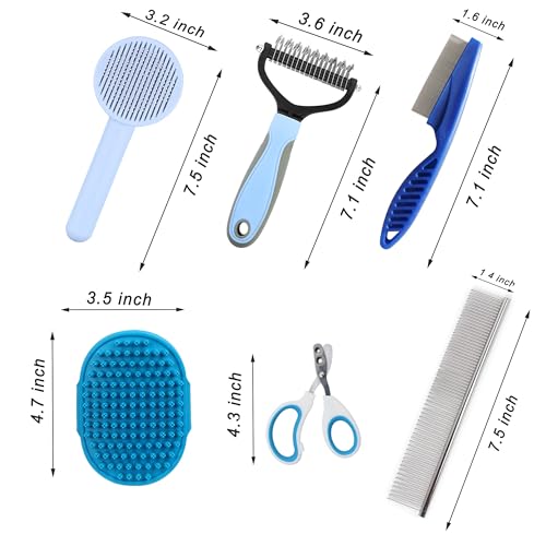 Cat Grooming Brush Kit 6 Tools - Deshedding & Dematting for Long/Short Hair, Self-Cleaning Slicker Brush with 6-in-1 Flea Comb for Cats & Kittens (Blue) - color: Blue