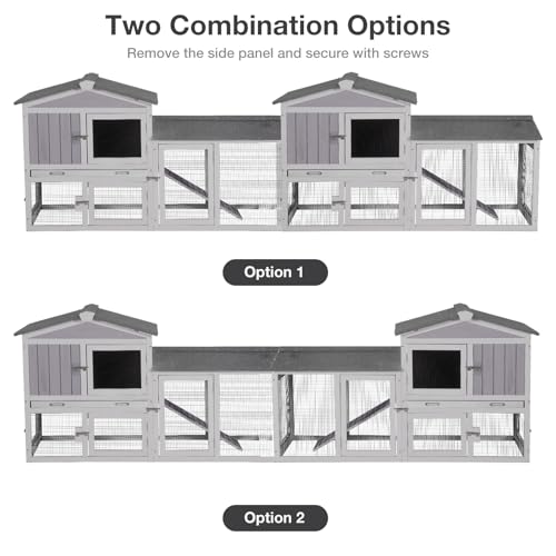 Large Rabbit Hutch Indoor and Outdoor, Bunny Cage with Leakproof Tray and Anti-Chewing Ramp, Wooden Rabbit House for Guinea Pig, Chickens, Duck (Two Sets-Grey) - color: Grey, size: 114"L x 21.3"W x 33.4"H