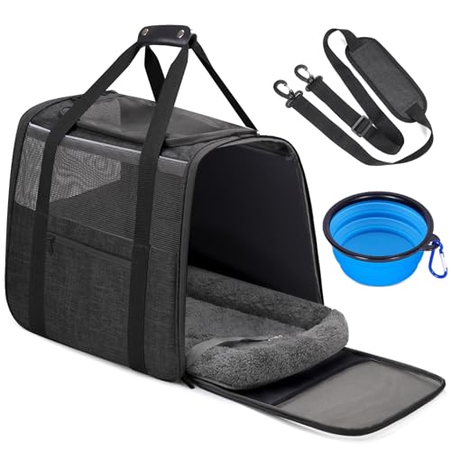 JUNGYOUN Premium Cat Carrier - Pet Carrier for Cat & Small Dogs up to 15lbs - Airline Approved Travel Dog Carrier with Anti-Escape Zippers, Collapsible Travel Bowl & Padded Strap - color: Dark Grey, size: 17.5"L x 12.4"W x 13.5"H
