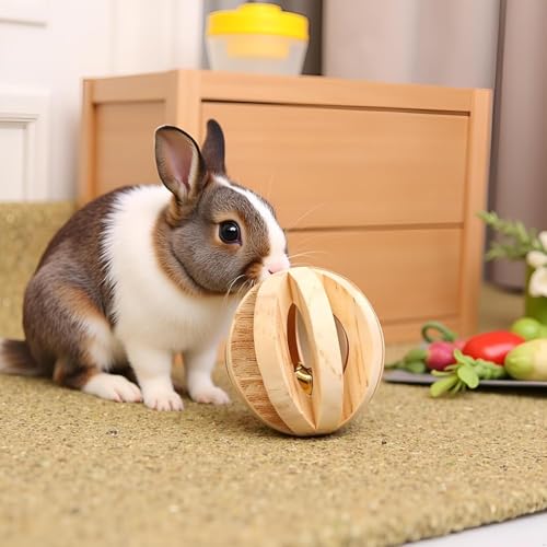 2Pcs Wood Color Natural Wood Dumbells Unicycle Bell Roller Pet Chew Toy for Guinea Pigs Rat Rabbits,Guinea Pig Toys Boredom,Small Animals Will be Very Happy Toys(No Bark Watermelon Ball)