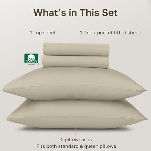California Design Den 100% Egyptian Cotton Queen Size Bed Sheet Set, Beige | Backed by Good Housekeeping Seal, Light & Airy Soft Sateen, 16" Deep Pocket, All-Around Elastic, Durable, Easy Care 4pc Set - color: Beige, size: Queen