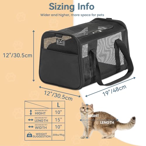 PETSFIT 19 x 12 x 12 Large Cat Carrier | Roomy Escape-Proof Cat Car Seat, Safe Driving, Lockable Zippers & Safety Tether, Soft-Sided Travel Carrier - color: Z-Black, size: 19.0"L x 12.0"W x 12.0"H