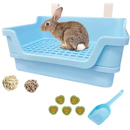PINVNBY Large Rabbit Litter Box Deep Bunny Corner Toilet Box Double-Deck Small Animal Potty Trainer with Hooks for Adult Guinea Pig Chinchilla Ferret Chipmunk(Blue) - color: Blue（With the ball）