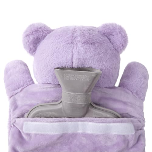 HomeTop Premium Classic Rubber Hot Water Bottle with Cute Bear Cover | Natural rubber hot water bottle,Long-lasting heat retention,Snuggly all-night warmth - color: Lavender Purple