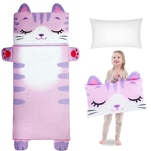 Wizland Sleeping Bag for Kids,Portable Daycare Nap Mat -61.8"×28.3" for 3 4 5 6 7 8 - color: Kid Cat Sleeping Bag+Pillow