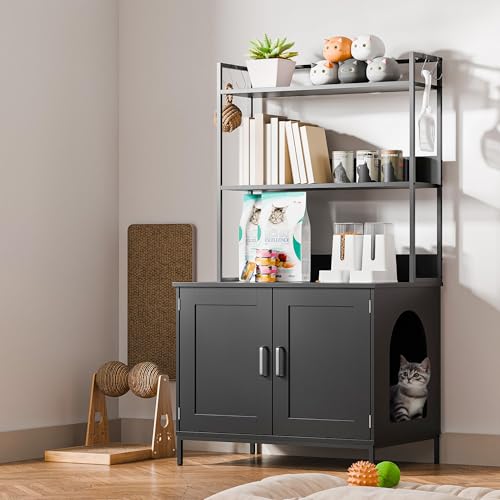 Cozy Castle Cat Litter Box Enclosure with Storage, 57'' Hidden Cat House Furniture, Wooden Cat Cabinet with Shelves & 4 S-Hooks, Indoor Cat Litter Box Organizer, Black - color: Black