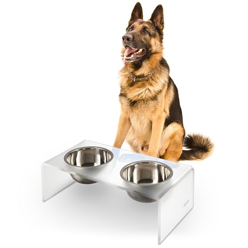 DBL2001K Keaton 7.5" Medium/Large Modern Acrylic Rectangular Elevated Pet Feeder with 54oz 2-Stainless Steel Bowls, Moon White/Chrome - color: Moon White/Chrome, size: 54 Ounces (7.5" Cups 2-Pack)