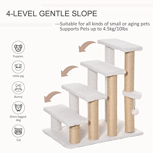 PawHut 4 Levels Cat Steps Pet Stairs Carpeted Ladder for High Bed White | Kitten Tree Climber, Scratching Posts, Hanging Play Ball, Side Step, for Sofa - color: White