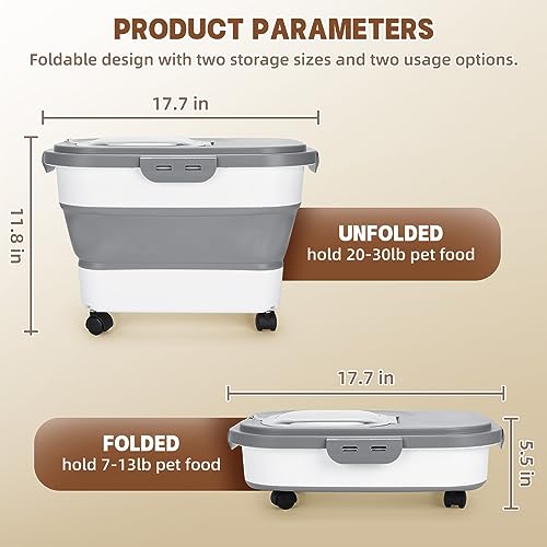 Dog Food Storage Container 17 lb, Airtight Pet Food Storage Containers with Wheels & Removable Sealed Lid, Collapsible Cat Food Containers Dry Food with Scoop and Measuring Cups - color: Gray & White
