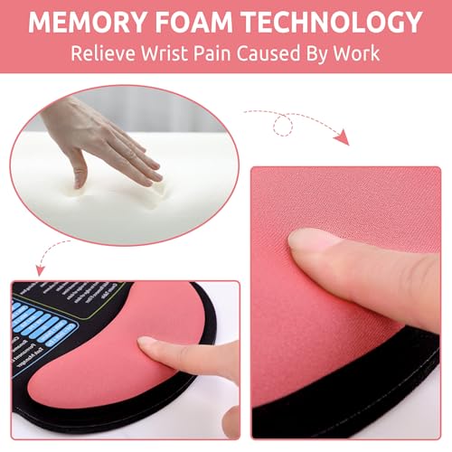 KONVINIT Ergonomic Mouse Pad with Wrist Rest, Small Excel Cheat Sheet Desk Pad with Windows & Office & Excel Shortcuts, Non-Slip Rubber Base Mouse Pads for Desk with Smooth Surface, Black Pink - color: Shortcut-Pink