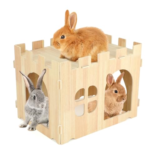 BWOGUE Large Wooden Bunny Hideout,Detachable Rabbit Castle for Small Animal | Wooden Rabbit Hideout, Wooden Rabbit Hideaway, Bunny Houses and Hideouts, Two Doors, 2-Story Play & Rest, Indoor Rabbit - style: 1 House