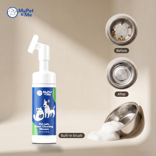 My Pet & Me Dog Bowl Cleaner Mousse, Built-in Scrub Brush, Enzyme Foam | Enzyme foam for slime & biofilm. Unscented, rinses clean. Steel, ceramic & plastic safe. Bowls, fountains & toys. 4.05 oz