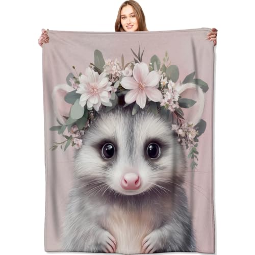 Cute Possum Blanket Sweet Opossum Pink Throw Blankets,Gifts for Kids Woman Adult,Lightweight Soft Fleece,Animal Floral Crown Design,for Sofa Couch Bed Room Modern Artistic Decor 50x60in - color: Possum, size: 50x60in