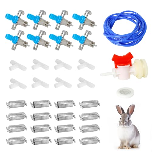 OCQOTAT Automatic Rabbit Watering System,Quail Rabbit Water Bottle Dispenser 8 Nipples Drinker,ID 5/16" Hose 19.68 Feets,Barb Fittings to G1/2" Thread,T-Fittings,Springs,Gaskets,Bucket Connector - color: Blue Rabbit Watering System Set
