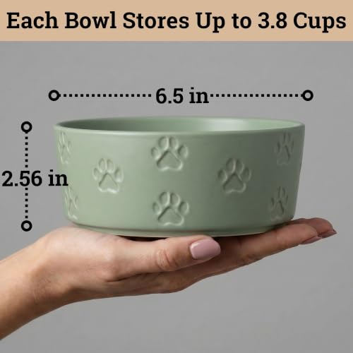 Ceramic Dog Bowl Set of 2 w/ Anti-Skid Base 6.5"W x 2.5"H, 3.8 Cup Capacity | Thick Ceramic, Dishwasher Safe, Anti-Skid Rubber Base, 3.8 Cups per Bowl, Ceramic Food & Water Bowls Set of 2 for Medium Dogs - color: Sage Green, size: Medium
