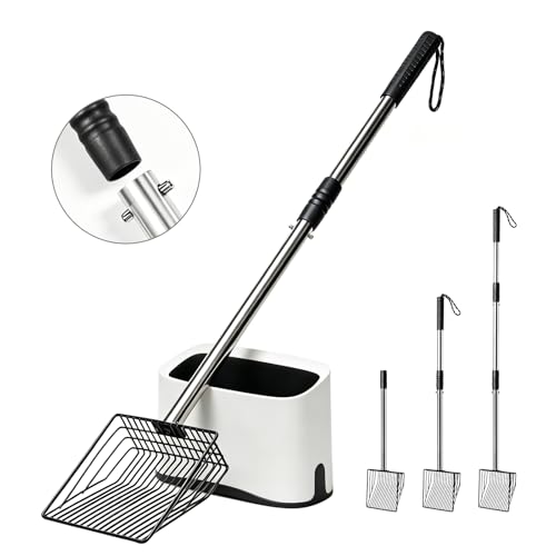 Cat Litter Scoop with Holder 43" Metal Litter Scooper with Stainless Steel Long Handle, Large Kitty Box Scooper Heavy Duty Deep Shovel for Fast Sifting, Dog Waste Scooops for Outside Pet Poop - size: Upgraded Long Handle