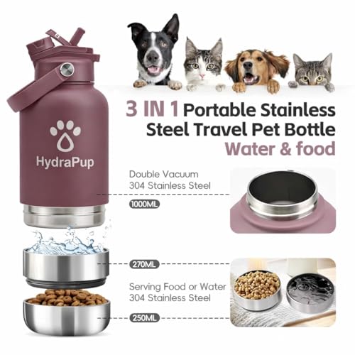 32oz Insulated Dog Water Bottle – Stainless steel, leakproof travel jug keeps water cold. Includes pet bowls, perfect for hiking, camping, and outdoor adventures with your dog (Mauve) - color: Mauve