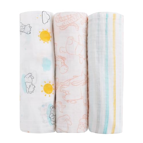 Disney Winnie the Pooh 3 Piece Muslin Swaddle Baby Blanket Set - color: Winnie the Pooh Yellow, Aqua, and White