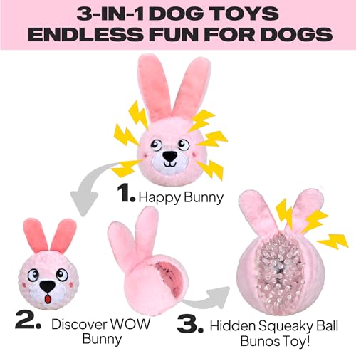 Fida Squeaky Dog Toys for Aggressive Chewers, 3 in 1, Tough Dog Ball | Dog Chew Toys with 3 Layers, to Keep Them Busy, Interactive for Small, Medium and Large Dogs, Gift Box, Bunny - color: Pink Bunny