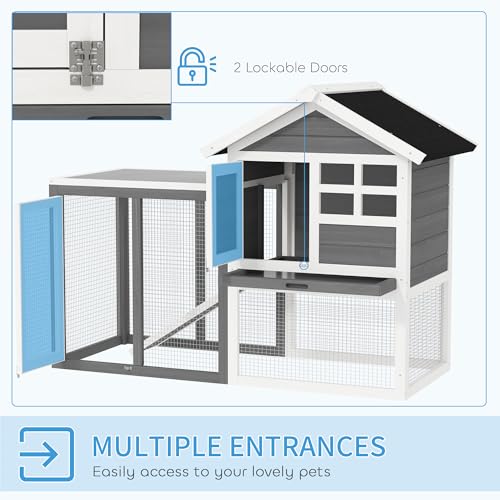 PawHut 49" Wooden Rabbit Hutch Bunny Cage with Fun Outdoor Run Gray | Waterproof Asphalt Roof, Removable Tray and Ramp, for Rabbits, Chickens, Ducks - color: Grey