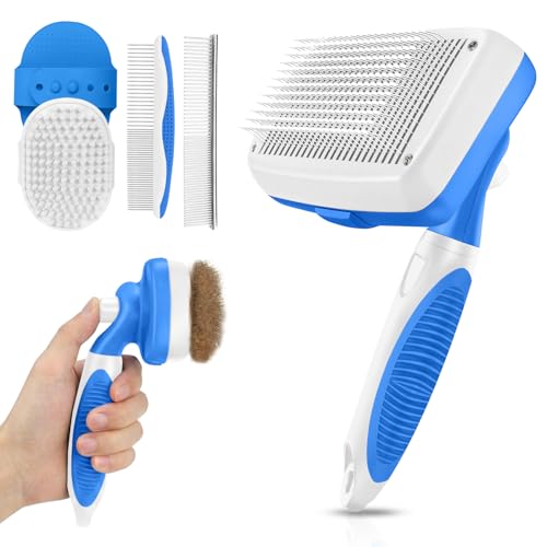 Self Cleaning Shedding Brush - 5-in-1 Professional Pet Grooming Kit Skin Friendly Grooming Tool for Dogs, Cats, and Puppies, Deshedding and Hair Removal for Long and Short Haired Pets（Blue-White） - color: Blue-White