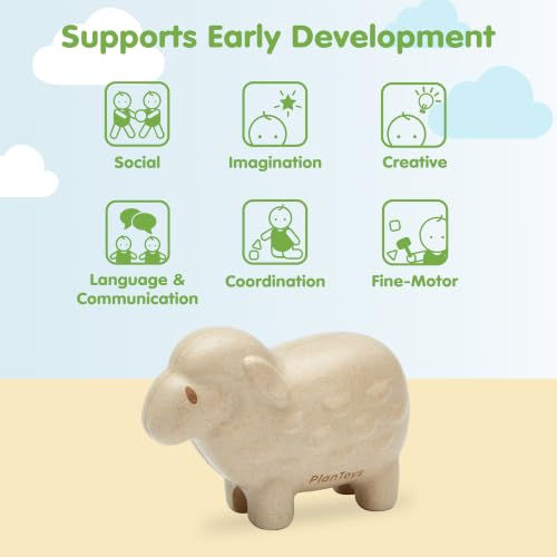 PlanToys® Wooden Sheep Montessori Kids Farm Animal Figurine Play Toy Set | sheep wooden figurine, montessori imaginative play, language development social interaction coordination, animal figure, kids - color: Sheep