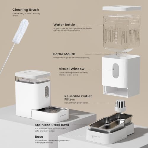 Gardner Pet 1.7 Gallon Automatic Dog Water Bowl Dispenser 6.5L Gravity Water Feeder with Stainless Steel Bowl & Maifan Stone Filter, BPA-Free for for Cats and Dogs (White, 1.7 Gallon) - color: White, size: 1.7 Gallon