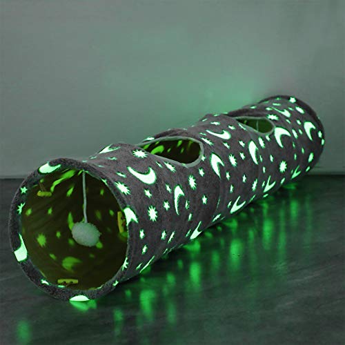 Cat Tunnel Tube with Plush Ball Toys Collapsible Self-Luminous Photoluminescence, for Small Animals Pets Bunny Rabbits, Kittens, Ferrets,Puppy and Dogs Grey Moon Star - size: 47.2Inch