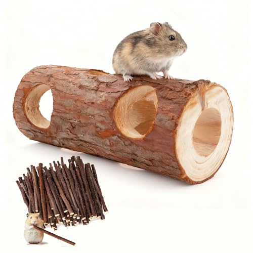 Natural Wooden Hamster Mouse Tunnel Tube Toy Forest Hollow Tree Trunk for Gerbils，Hamsters, and Mice or Other Small-Sized Pets (Double Hole)
