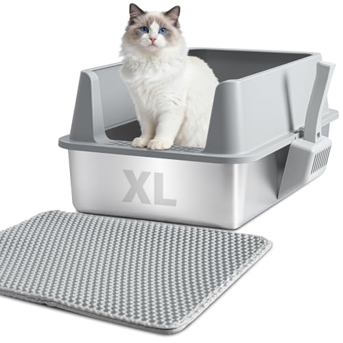 XL Stainless Steel Litter Box with Lid, Extra Large Cat Litter Box | Metal Cat Litter Box for Big Cats with High Sides, Anti-Urine Leakage,Easy Cleaning, Non-Stick, Include Scoop and Mat - size: XL