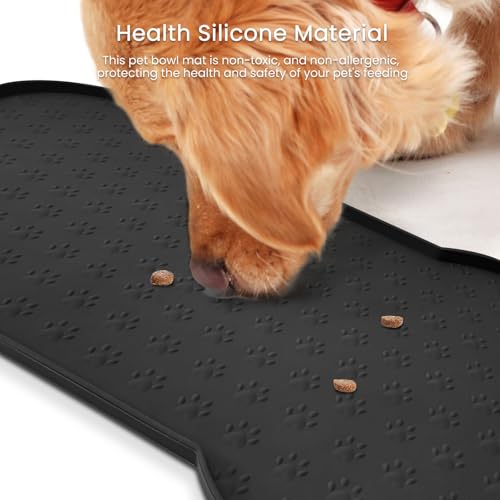 PWTAA Dog Food Mat Anti-Slip Silicone Dog Bowl Mat Thicker Pet Placemat Waterproof Cat Feeder Pad with Raised Edge Puppy Kitten Feeding Mats Suitable Small Medium-Sized Dogs Cats Eating Tray - color: Black, size: 19.4" x 9.8"