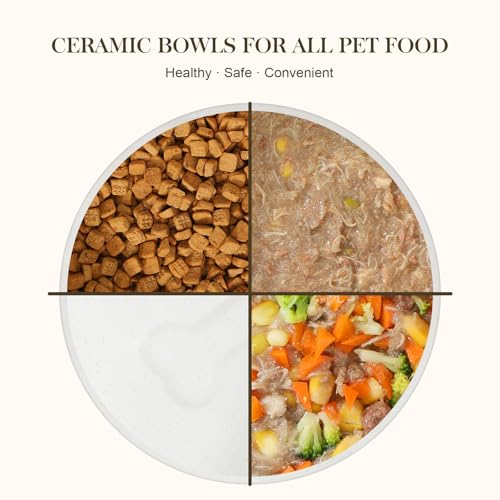 MALACASA Ceramic Dog Bowls Set with Wood Stand, 3.5 Cups Pet Bowls for Medium Dogs with Non-Slip Base, Large Puppies, Cats, Retrievers, ect.Pet Food & Water Basic Bowls Set, Weighted Glaze Matte.34 OZ - color: Vanilla White（2 PCS with Stand）, size: M-3.5