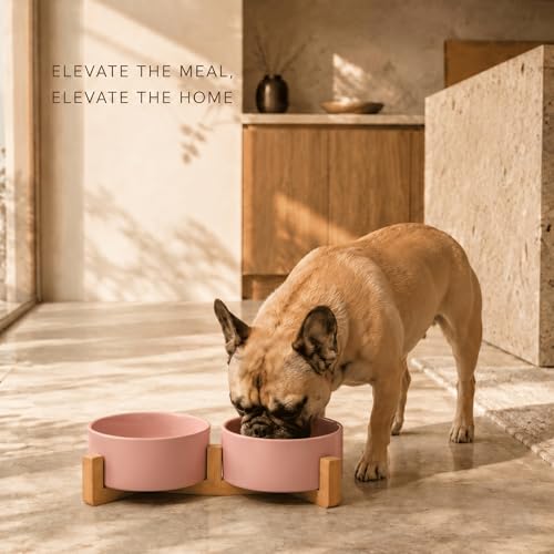SPUNKYJUNKY Ceramic Dog and Cat Bowl with Wood Stand Non-Slip Matte Glaze Weighted Food Water Set for Cat Medium Dog 28.7 OZ - color: Pink × 2, size: 3.6 cups
