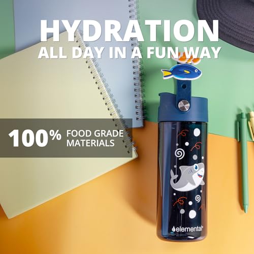 Elemental Water Bottles for Kids - Splash Kids Water Bottle for School with Fun Charm Handle - BPA Free Tritan Plastic Bottle with Straw Leak Proof When Spout is Closed - 18oz - Shark Friends - color: Shark Friends
