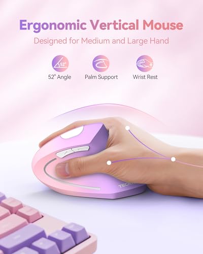 TECKNET Ergonomic Mouse Vertical Wireless with 2.4GHz USB A Receiver | 4800 DPI Optical Tracking, 12 Months Battery Operated, Carpal Tunnel Mice, 6 Buttons, Quiet, for Laptop, PC - Pink Purple - color: Pink Purple