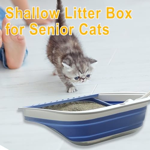 Low Entry Kitten Litter Box Collapsible Shallow Litter Box | Senior Cats Anti-Splashing Kitty Training Open Potty Pan Scoop Leak-proof pedal Cat Toilet No Smell Easy Clean - color: Blue, size: Medium