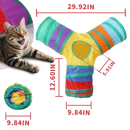 Pet Cat Tunnel, Y-3 Way Tunnels for Indoor Cats, Collapsible Pet Tunnel for Kitten, Puppy, Rabbit, 25cm-Wide Tunnels, Durable & Breathable, with Peek Hole Toy Ball - color: Y-junction Tunnel & Rainbow