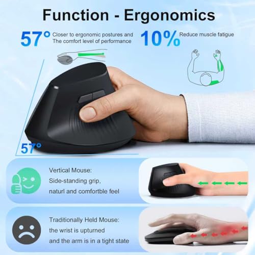 Ergonomic Bluetooth Mouse, Wireless Rechargeable Vertical Mouse for Carpal Tunnel with USBC & BT 5.0/3.0 & 2.4G Connect, Silent, Easy to use, 6 Buttons for Laptop PC MacBook Desktop Computer - color: Black