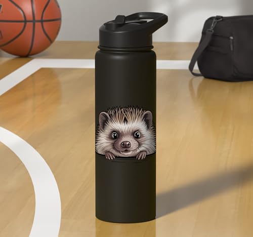Hedgehog Cute Peeking Spiky Animal Lover Stainless Steel Insulated Water Bottle - color: Black