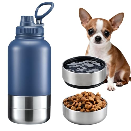 Cibaabo Insulated Dog Water Bottle 32oz Keep Water Cool with 2 Bowls | Travel Feeding & Hydration | Stainless Steel Double Wall Thermos | Portable Pet Dispenser | for Dog & Owner | Hiking Beach - color: Navy Blue