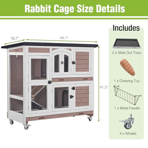 Rabbit Hutch Indoor & Outdoor, Mobile Bunny Hutch with Wheels, Wooden Rabbit Cage with 2 Pull Out Trays and Ramp, Two-Story Design Guinea Pig Cages