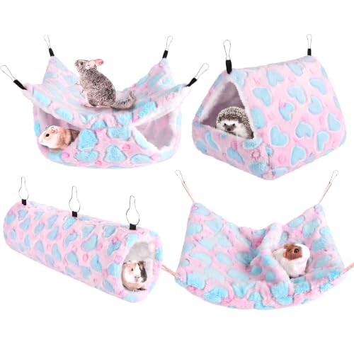 MCEAST 4 Pieces Small Pets Cage Accessories Hanging Hammock Sleeping Bag Tunnel and Bed Hideout Set Warm Sleep Nap Sack Bed for Hamster Ferret Squirrel Rabbit, Pink Hearts - style: Pink Hearts