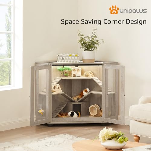 unipaws Chinchillas Hedgehog Cage with Ramp and House, Large Size | Corner Small Animal Cage, Clear Acrylic Door, Water Bottle Slot, Top Ventilation - color: Cage, size: 45.7"L x 27.1"W x 34.2"H