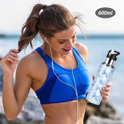 Light Blue Bows Hearts Water Bottle Kids Insulated Sports Vacuum Stainless Steel Mug with Straw Lid & Handle 20 oz - color: C2979
