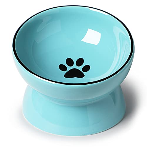 ONTUBE Ceramic Raised Cat Dishes Bowl, 10 oz (Blue) | Ceramic, elevated, 5.3in, 10oz, pet bowl, easy-clean, non-slip, sturdy, ergonomic, healthier, dishwasher-safe, microwave-safe - color: Blue