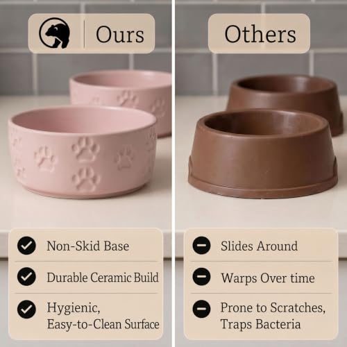 Ceramic Dog Bowl Set of 2 with Anti-Skid Base, 5.5"W x 2"H, 2 Cup Capacity | Thick Ceramic, Dishwasher Safe, Anti-Skid Rubber Base, 2 Cups per Bowl, Ceramic Food and Water Bowls Set of 2 for Small Dogs - color: Blush Pink, size: Small
