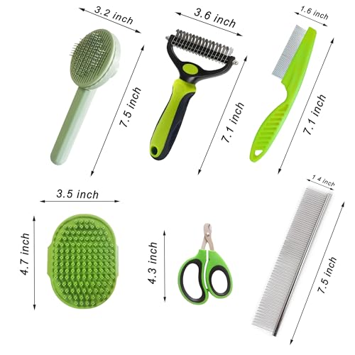 Cat Grooming Brush Kit 6 Tools - Deshedding & Dematting for Long/Short Hair, Self-Cleaning Slicker Brush with 6-in-1 Flea Comb for Cats & Kittens (Green) - color: Green